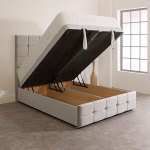 Shop the Britain Cube gas lift ottoman bed – a velvet storage bed with a solid base. Proudly made in the UK, fashionable, economical, and ideal for modern bedrooms.
