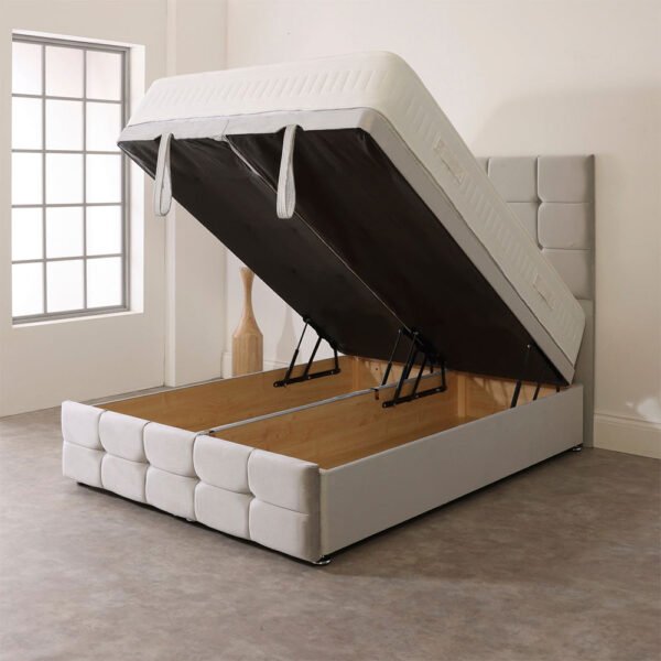 Shop the Britain Cube gas lift ottoman bed – a velvet storage bed with a solid base. Proudly made in the UK, fashionable, economical, and ideal for modern bedrooms.